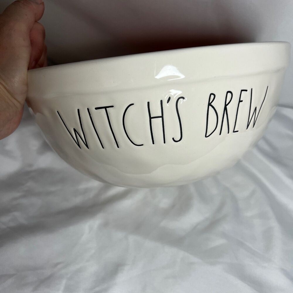 Rae Dunn "Witch's Brew" 10 inch Ceramic Mixing Bowl White with Orange Interior